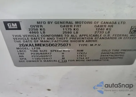 2013 GMC Terrain Sle z USA, uszkodzony, nr VIN 2GKALMEK5D6275071